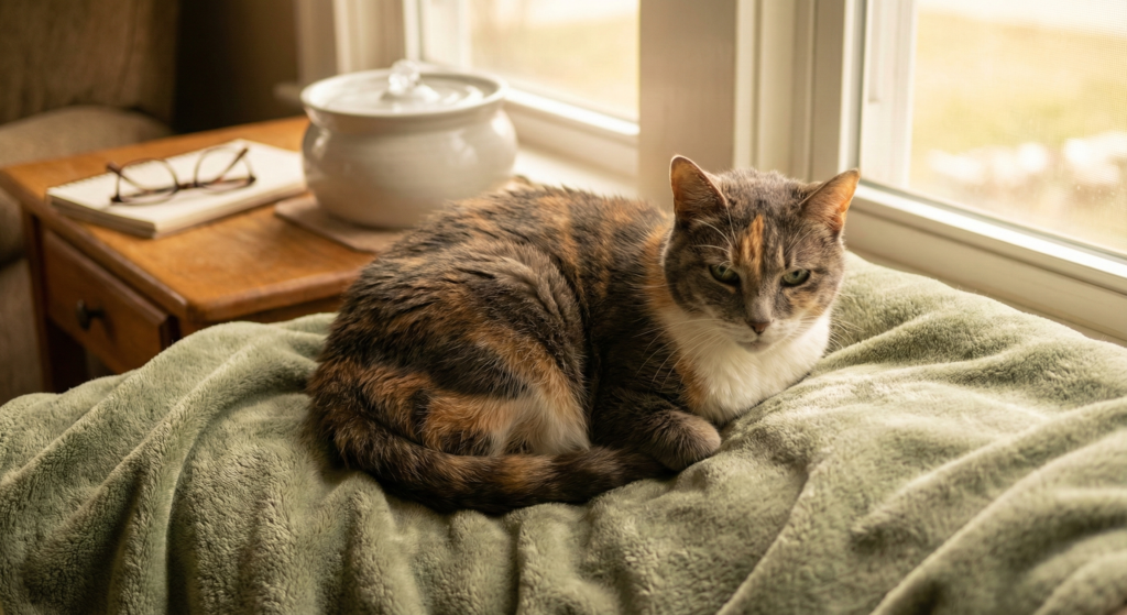 Elderly calico cat resting comfortably on a sage green blanket next to a ceramic water fountain by a window, illustrating hydration and comfort needs for senior cat health.
