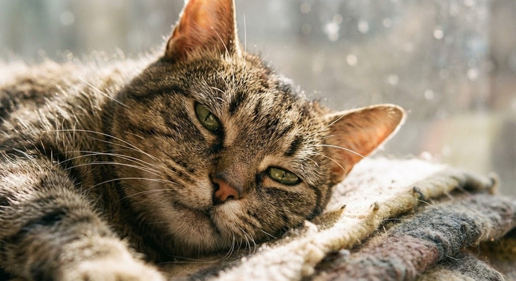 Close-up of a senior cat with half-closed eyes resting in a warm sunbeam, illustrating the need for warmth and comfort in elderly cats with arthritis.