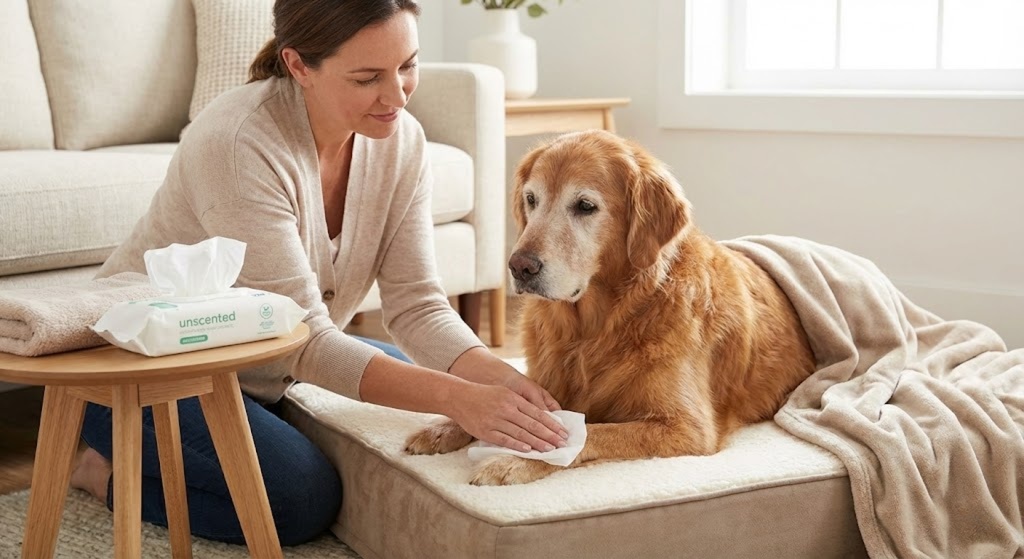 A compassionate caregiver gently tending to a senior Golden Retriever on a cozy orthopedic bed, using soft wipes and a towel to manage hygiene. The room is warm and clean, highlighting the dignity of caring for an incontinent pet to prevent urine scald and odor.