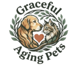 Graceful Aging Pets logo featuring a golden retriever and long-haired cat facing each other with a terracotta heart in the center, surrounded by a circular wreath of sage green leaves.