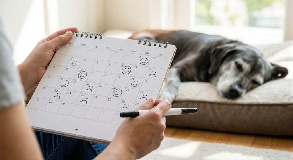 A caregiver holds a calendar marked with hand-drawn happy and sad faces, illustrating the "Calendar Method" for tracking a senior dog's good days versus bad days as a visual quality of life scale. An elderly, gray-muzzled dog sleeps peacefully in the background.