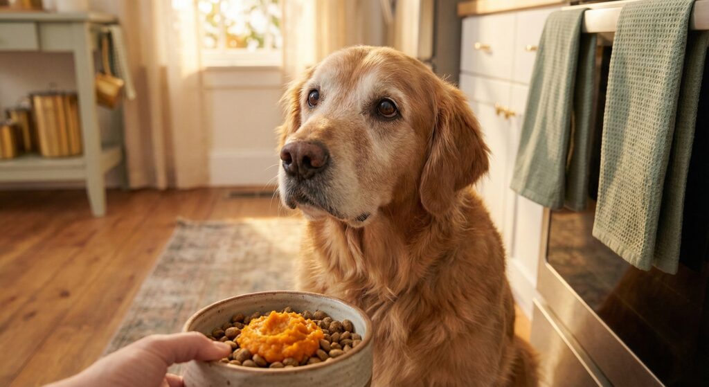 Senior Golden Retriever with a gray muzzle waiting patiently for a healthy meal, illustrating proper nutrition and feeding for senior dogs.