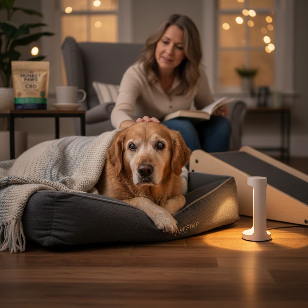 A gentle scene at night featuring a senior Golden Retriever with a gray muzzle resting peacefully on an orthopedic bed, covered by a blanket. A soft white nightlight, a small PetStep ramp, and a bag of Honest Paws CBD are visible in the background, with a compassionate woman (the caregiver) reading nearby.