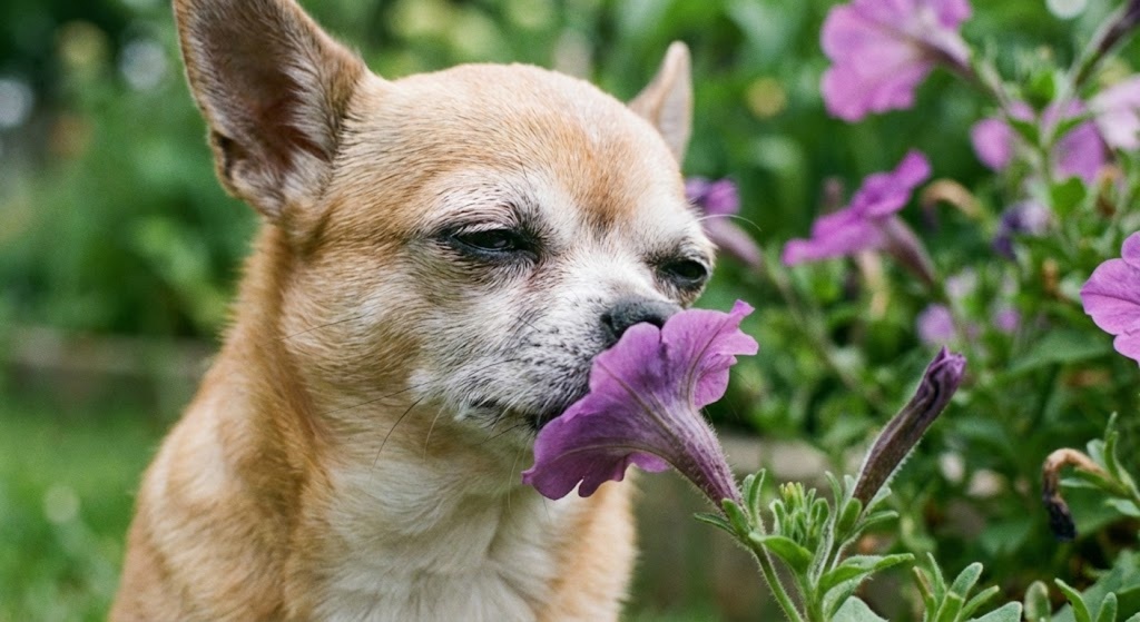 Tan and white senior Chihuahua sniffing a purple flower during a sniffari walk for mental stimulation.