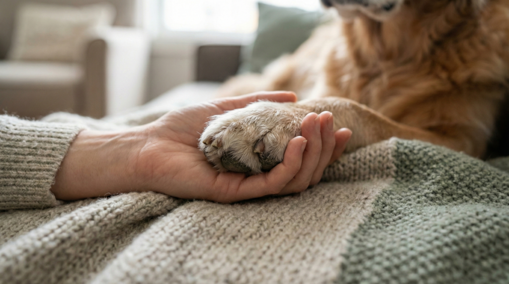 Close up of a woman's hand gently holding the paw of a senior Golden Retriever on a soft blanket.